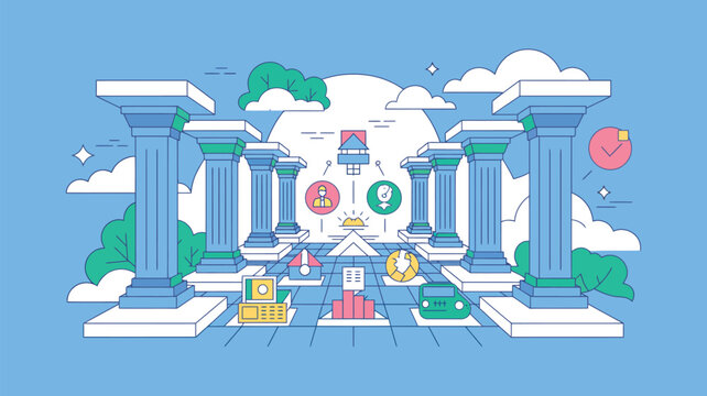 Pillars arranged in a symmetrical hall support a conceptual framework for business strategy and growth.