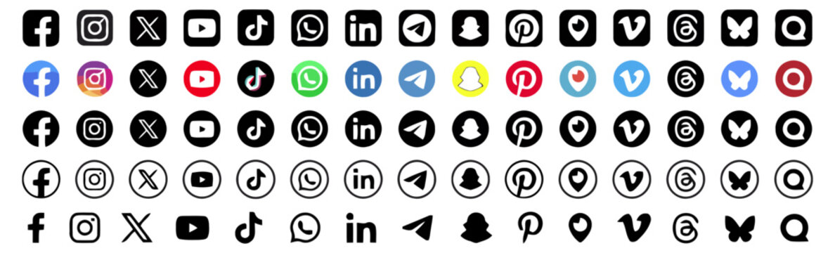 Set of popular social media icons in different styles