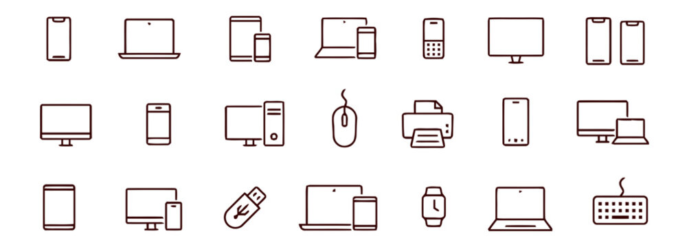 Set of thin line icons for computer hardware and mobile devices