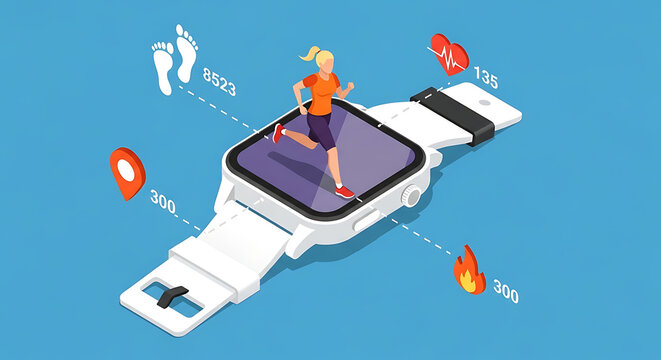Fitness tracker smart watch showing health metrics and running activity with smartwatch activity monitoring exercise calories wearable technology lifestyle training analysis wellness