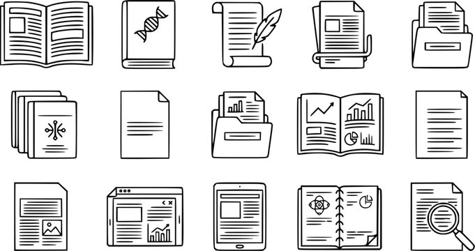 Research Paper & Journal outline icon set, thin line art style, pure white background
