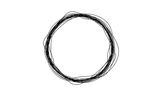 Hand-drawn black outline circle with irregular sketchy texture, minimalist artistic round frame isolated on white background.