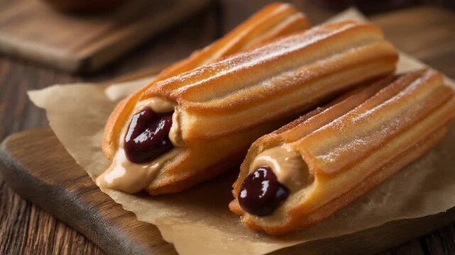 Delicious Churros Stuffed with Jam and Cream on Wooden Board