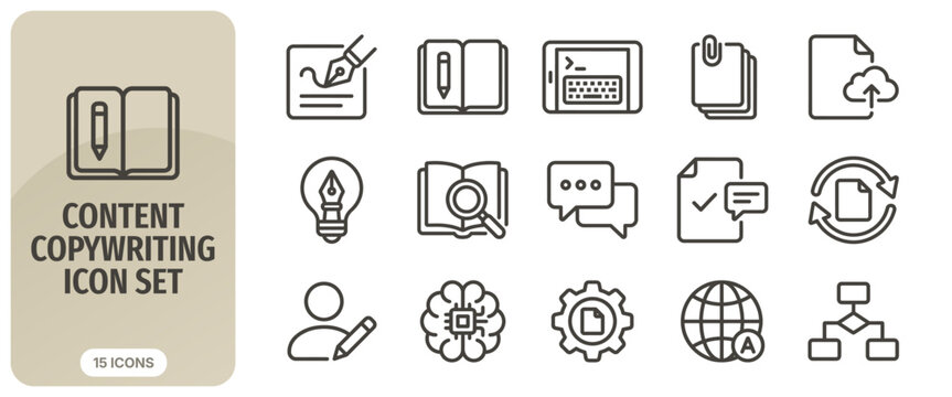 Content copywriting icon set, vector line icons for content creation, blogging, digital marketing, seo, and copywriting services