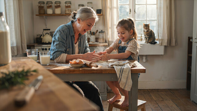 Candid moment of grandmother and granddaughter cooking together, 
genuine multigenerational family connection in kitchen