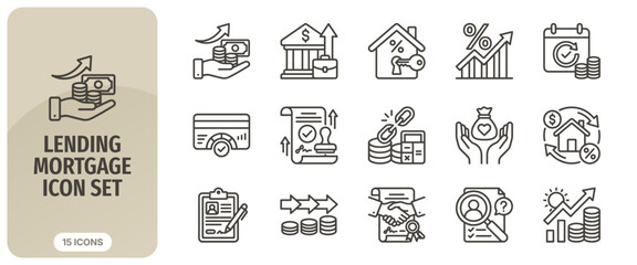 Fototapeta premium Lending and mortgage icon set, financial services, banking, loan, credit, investment, money growth, house purchase, vector line icons
