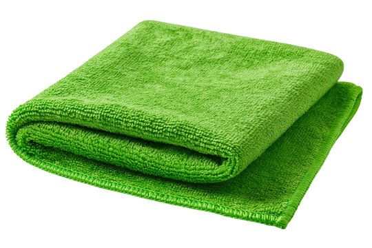Neatly folded green cleaning rag made of microfiber for home care and maintenance designs isolated on transparent background
