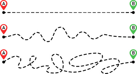 Dotted lines between A and B showing direct winding and complex routes with location pins on white background © Ditu Roy