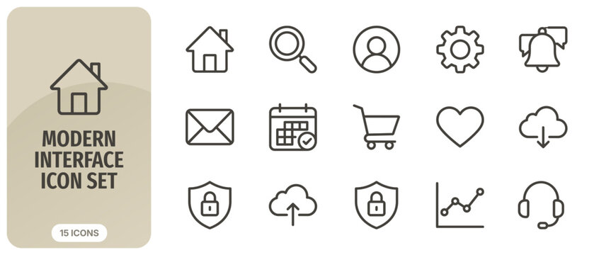Modern interface icon set, thin line web icons for mobile and desktop applications, vector illustration of user interface elements, collection of 15 essential ui symbols