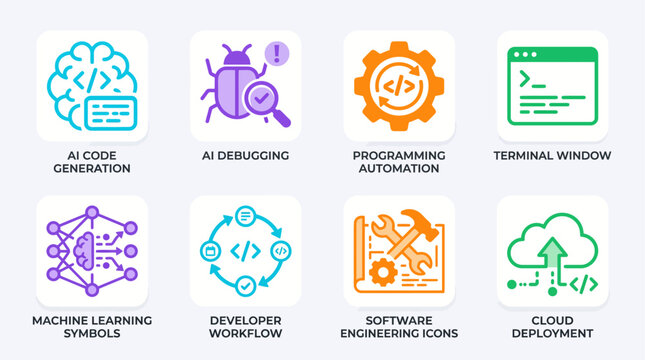 Modern AI Coding Assistant Flat Icon Pack for Developers and Software Apps