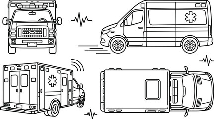 Ambulance Emergency Vehicle Icon Set with Front Side Back and Top View Line Art © MstBabli