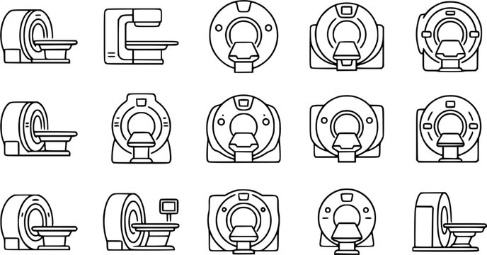 MRI & CT Scan Machine outline icon set, thin line art style, pure white background