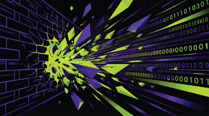 Digital data stream exploding through a brick wall representing cybersecurity breach. © Jaks