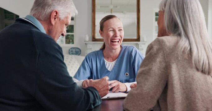 Consultation, home and nurse with senior people for medical diagnosis or treatment planning. Laugh, discussion and healthcare worker with elderly patients for results on clipboard in checkup at house