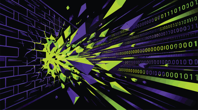 Digital data stream exploding through a brick wall representing cybersecurity breach.