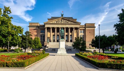 Fototapeta premium A large, ornate building with columns and a statue in front
