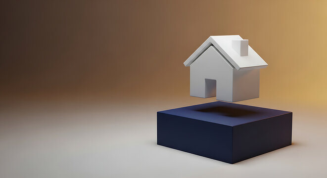 Minimalist 3D small house icon floating above dark base representing real estate concept with property architecture floating minimalist construction residential mortgage building investment