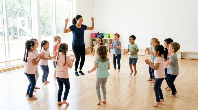 Children Dancing in Circle During Kindergarten Class with Teacher