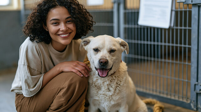 Animal shelter volunteer crouching on a concrete kennel floor gently socializing a shy rescue dog with a rope toy, adoption paperwork pinned to the cage door behind them, weekend