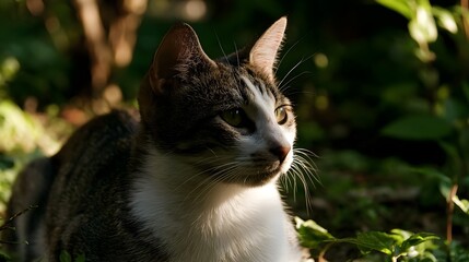 Naklejka premium A gentle and cute animal is softly illuminated in a shaded garden setting conveying a playful and peaceful atmosphere