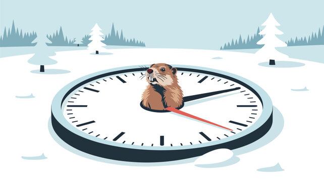Groundhog emerges from the center of a large clock face set in a snowy winter landscape.