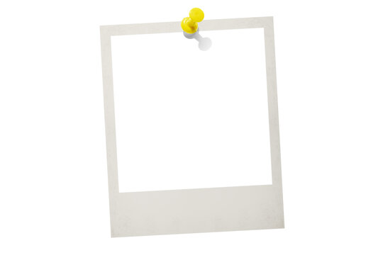 Photo card attached with a push pin isolated on a transparent background.