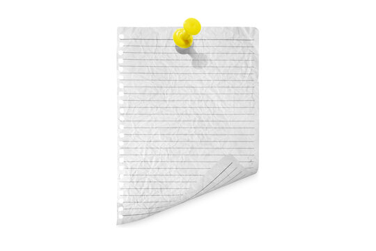 Torn notebook paper attached with a push pin isolated on a transparent background.