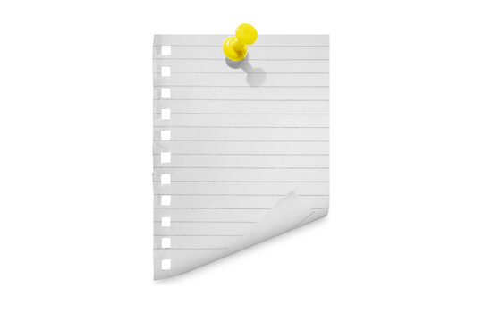 Torn notebook paper attached with a push pin isolated on a transparent background.