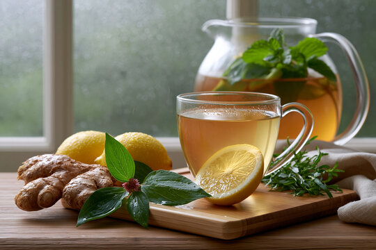 Ginger tea with lemon and herbs by a misty window showcasing rainy season wellness and a warming longevity ritual concept