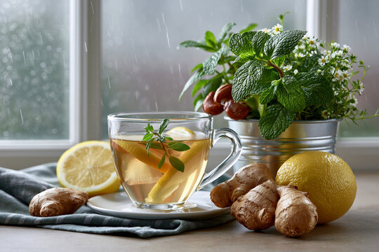 Ginger tea with lemon and herbs by a misty window showcasing rainy season wellness and a warming longevity ritual concept