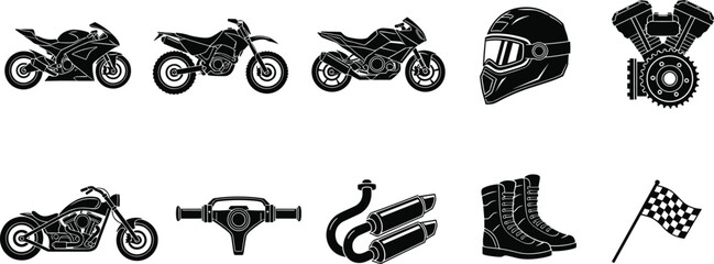 Motorcycle and Motorbike Accessories Silhouette Vector Icon Set Featuring Sportbikes Cruisers Dirt Bikes Engines Helmets and Racing Flags for Automotive Branding Graphic Designs © MstMonjila