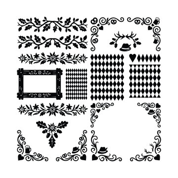 Decorative frames and floral elements for bavarian design in flat black style set