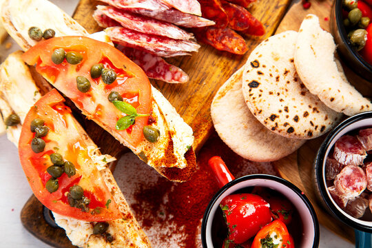 Assortment of spanish tapas or italian antipasti.