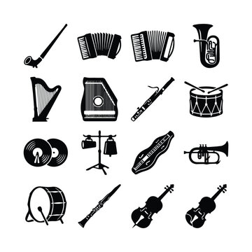 Musical instruments collection isolated on white background in flat black style
