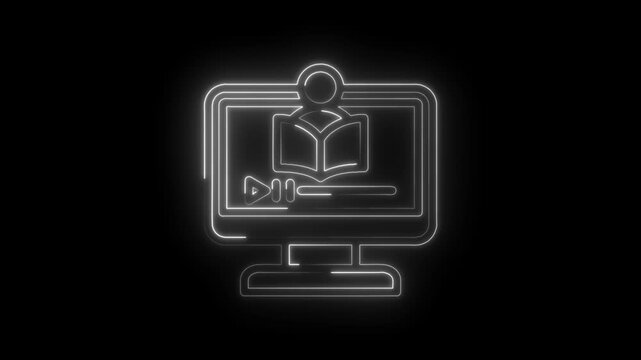 Glowing neon line art icon of a computer monitor displaying an open book and video player