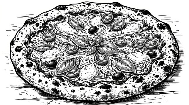 Fresh pizza topped with basil on a rustic wooden table beside a traditional brick oven with glowing flames. Detailed black and white vector illustration in vintage engraving style.