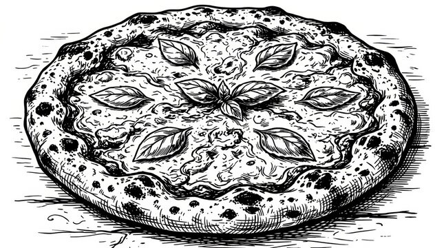 Fresh pizza topped with basil on a rustic wooden table beside a traditional brick oven with glowing flames. Detailed black and white vector illustration in vintage engraving style.