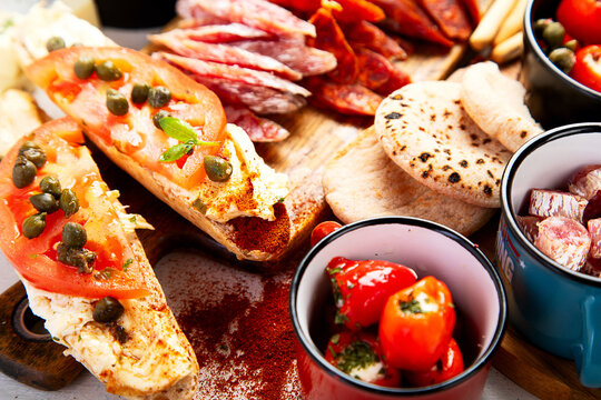 Assortment of spanish tapas or italian antipasti.