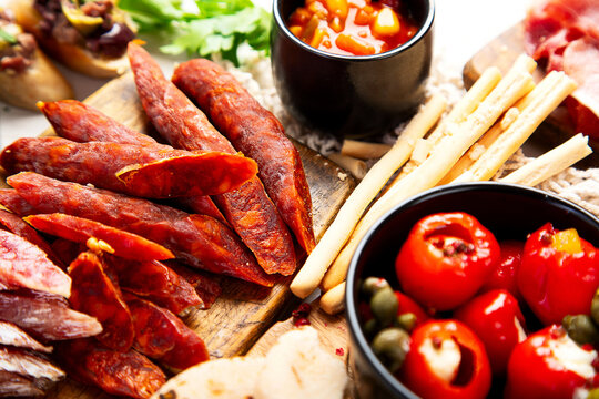 Assortment of spanish tapas or italian antipasti.
