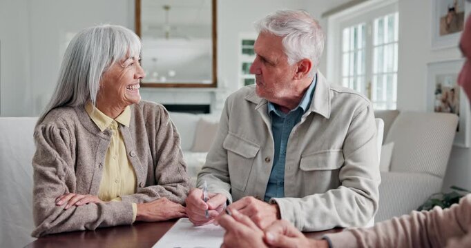 Happy, agent and old couple with paperwork sign for asset transfer, beneficiary form or compliance. Finance advisor, senior people or document signature in home for authority agreement, help or smile