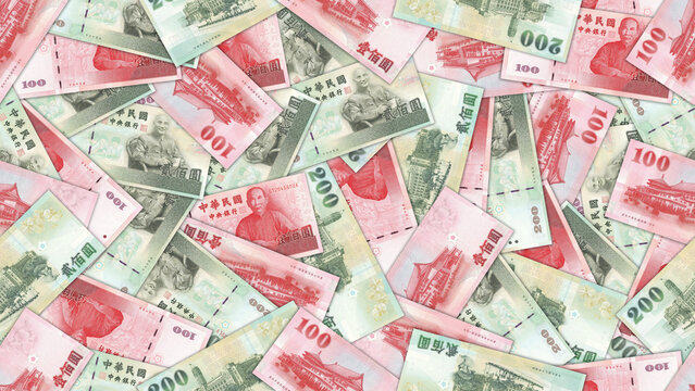 Finance illustration. Seamless pattern. Disorganized scattered banknotes of 100 and 200 dollars, republic of Taiwan. Taiwanese money. Textured background or wallpaper. Obverse and reverse. Bills