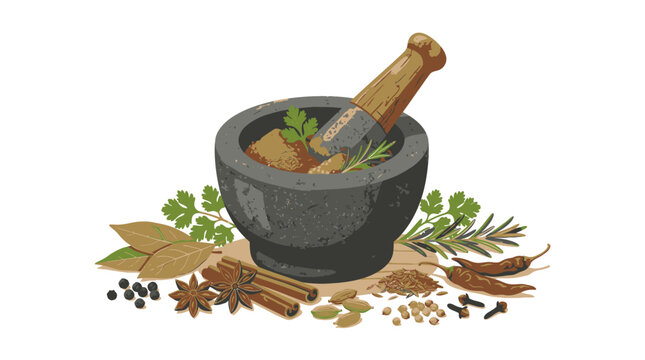 Mortar and Pestle with Herbs.