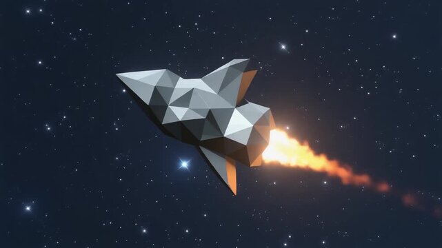 Low Poly Spaceship Flying Through Starry Galaxy Space