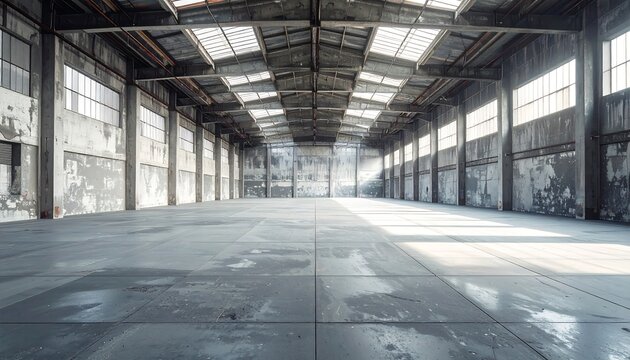 A large, empty warehouse interior with a concrete floor and high ceilings, featuring multiple windows and skylights allowing natural light