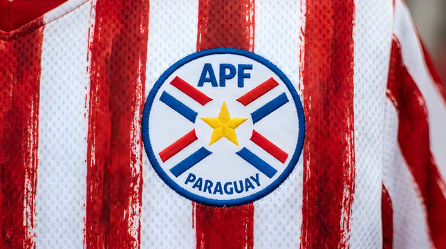 Paraguay football association logo on a red and white striped jersey