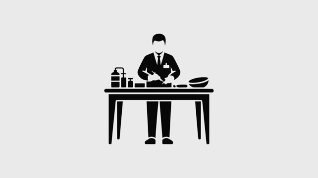 Chemist preparing a chemical mixture on a laboratory table represents scientific research.