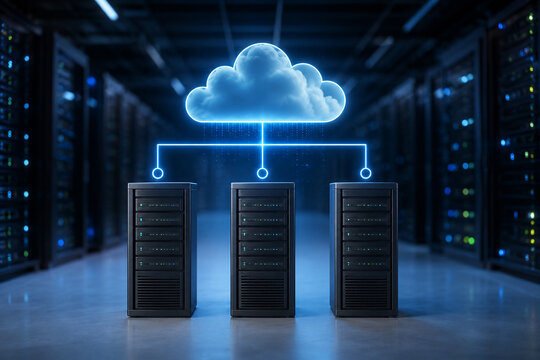 AI generated cloud computing infrastructure connected servers modern data center enabling secure storage scalable processing enterprise network services