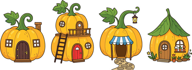 Cute pumpkin house vector illustration set featuring fairy tale fantasy homes with wooden doors windows ladders and roofs for Halloween designs © MstRowshanAra