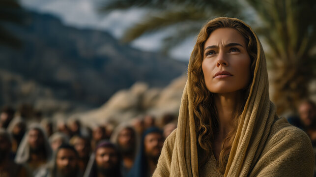 Deborah under palm tree delivering judgment as gathered crowd listens in ancient desert cinematic realism