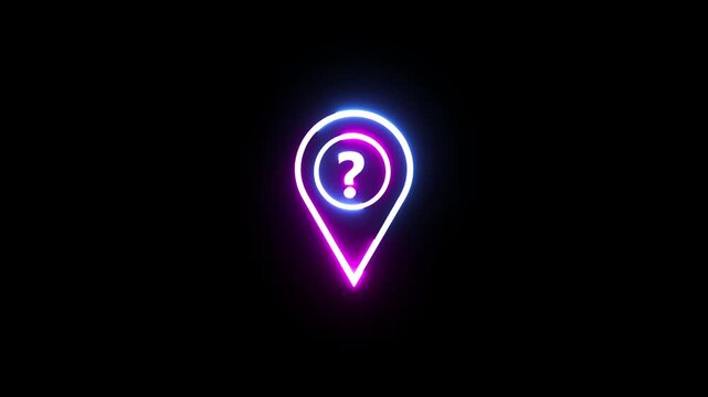 Neon glowing map location pin icon with question mark symbol on black background for navigation and search concepts.